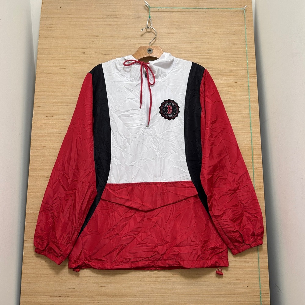 Boston Red Sox Windbreaker Jacket Small Red White Black Quarter Zip Hooded‎ MLB